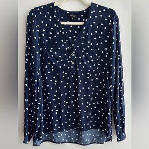 Marquis Navy Blue and White Polka Dot High-Low Hem Blouse, Size Medium